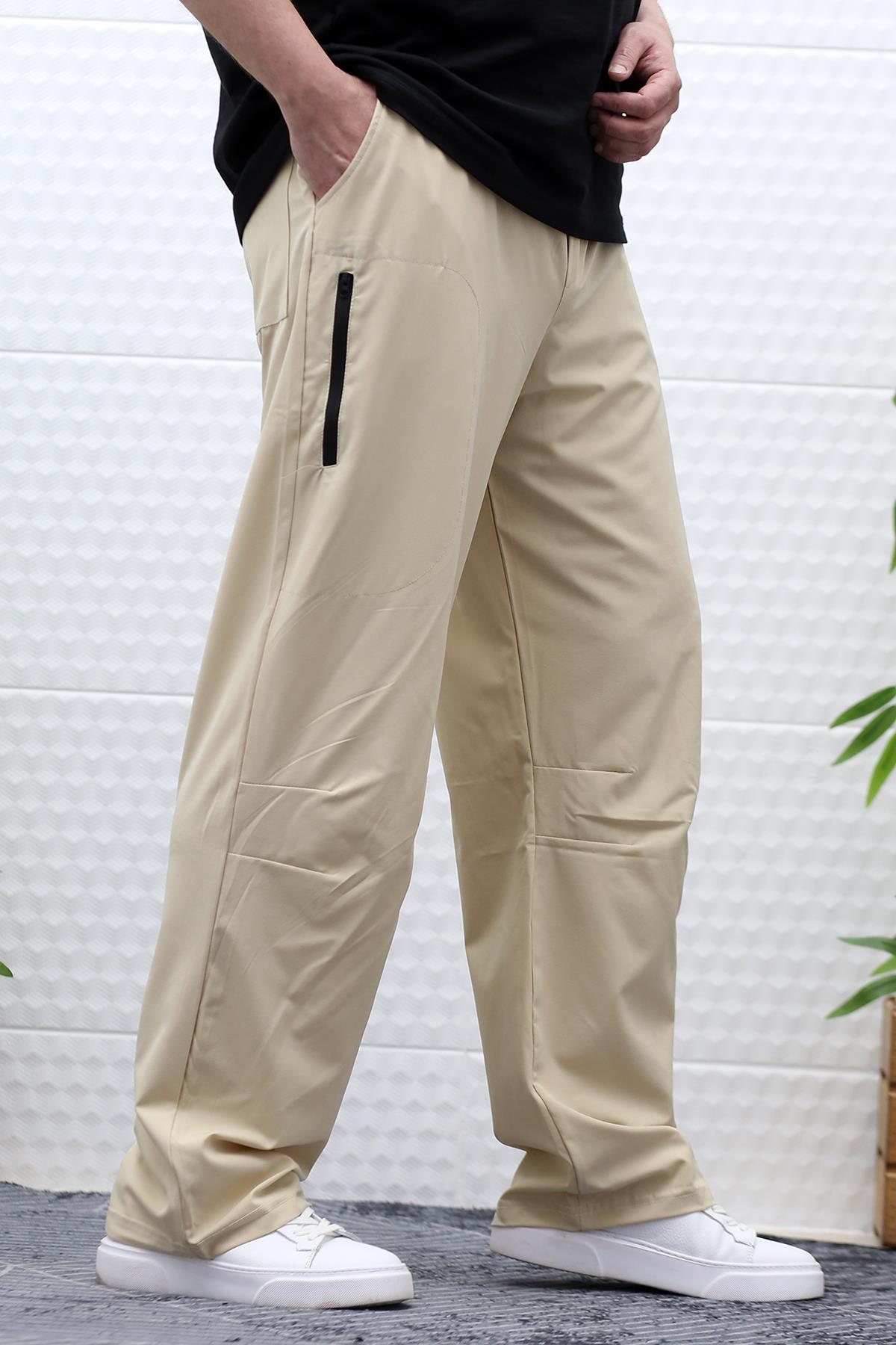 Erkek Baggy Pantolon Diz Detaylı Paraşüt Kumaş - Bej