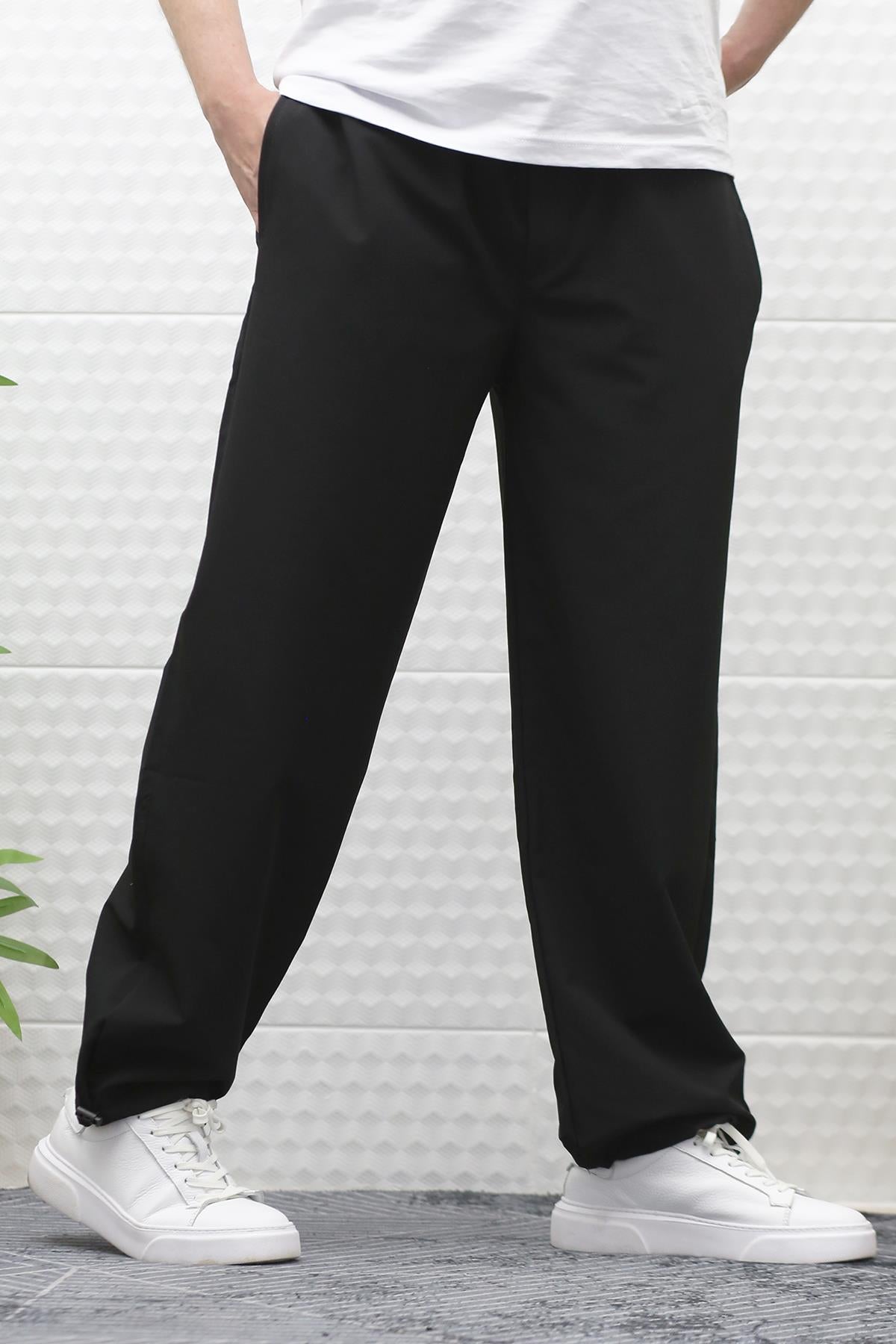 Erkek Baggy Pantolon Paça Ayarlanabilir Likralı Paraşüt Kumaş - Siyah