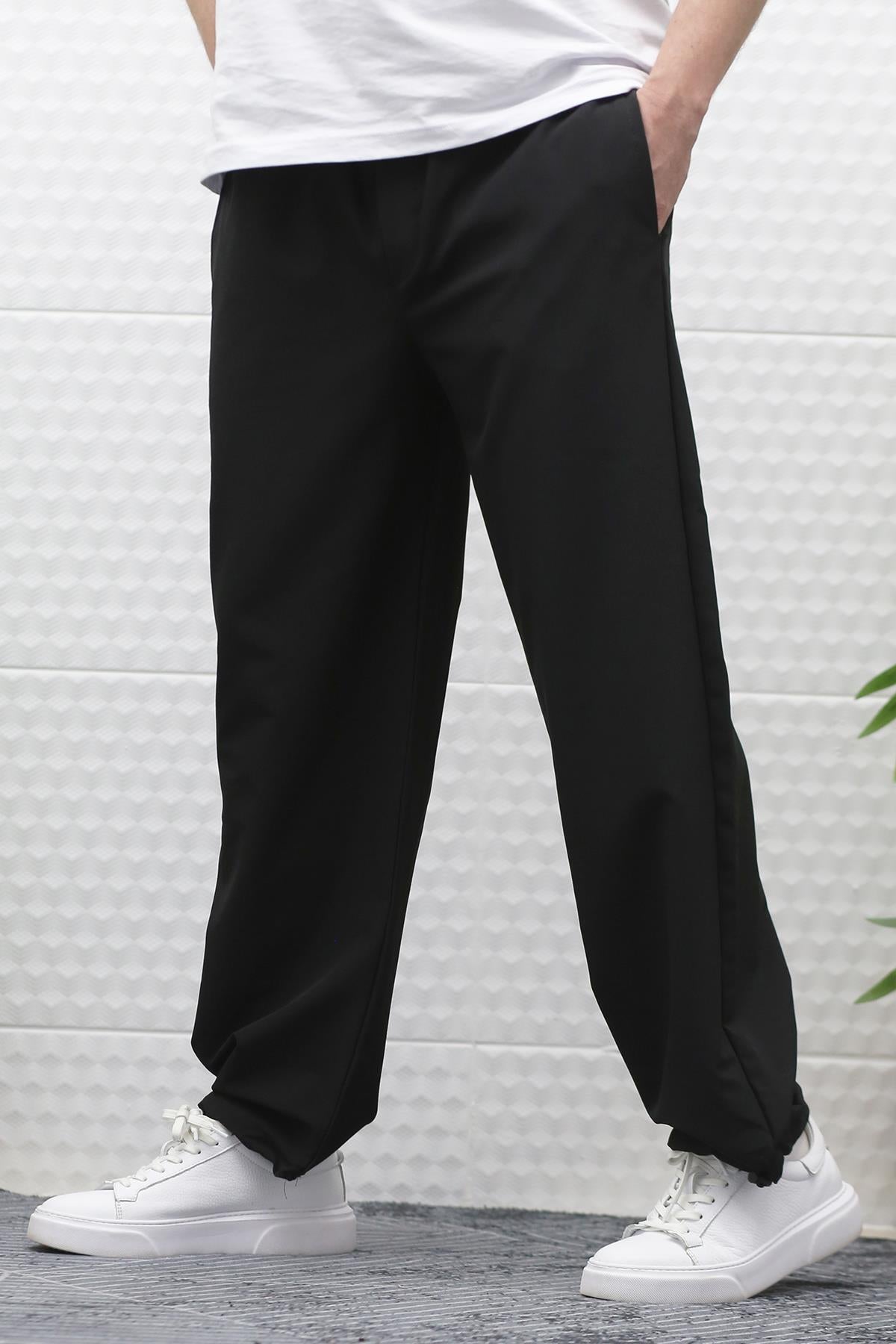Erkek Baggy Pantolon Paça Ayarlanabilir Likralı Paraşüt Kumaş - Siyah