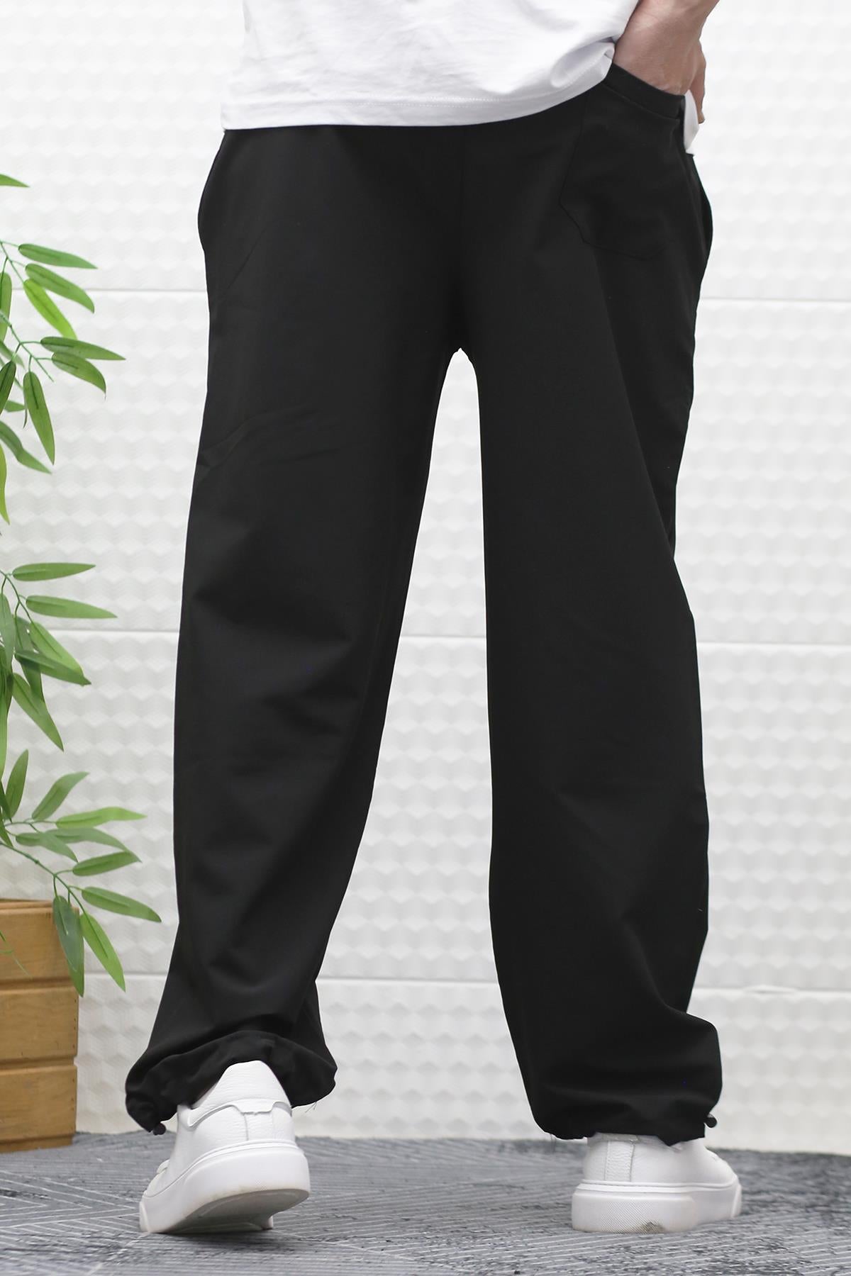 Erkek Baggy Pantolon Paça Ayarlanabilir Likralı Paraşüt Kumaş - Siyah