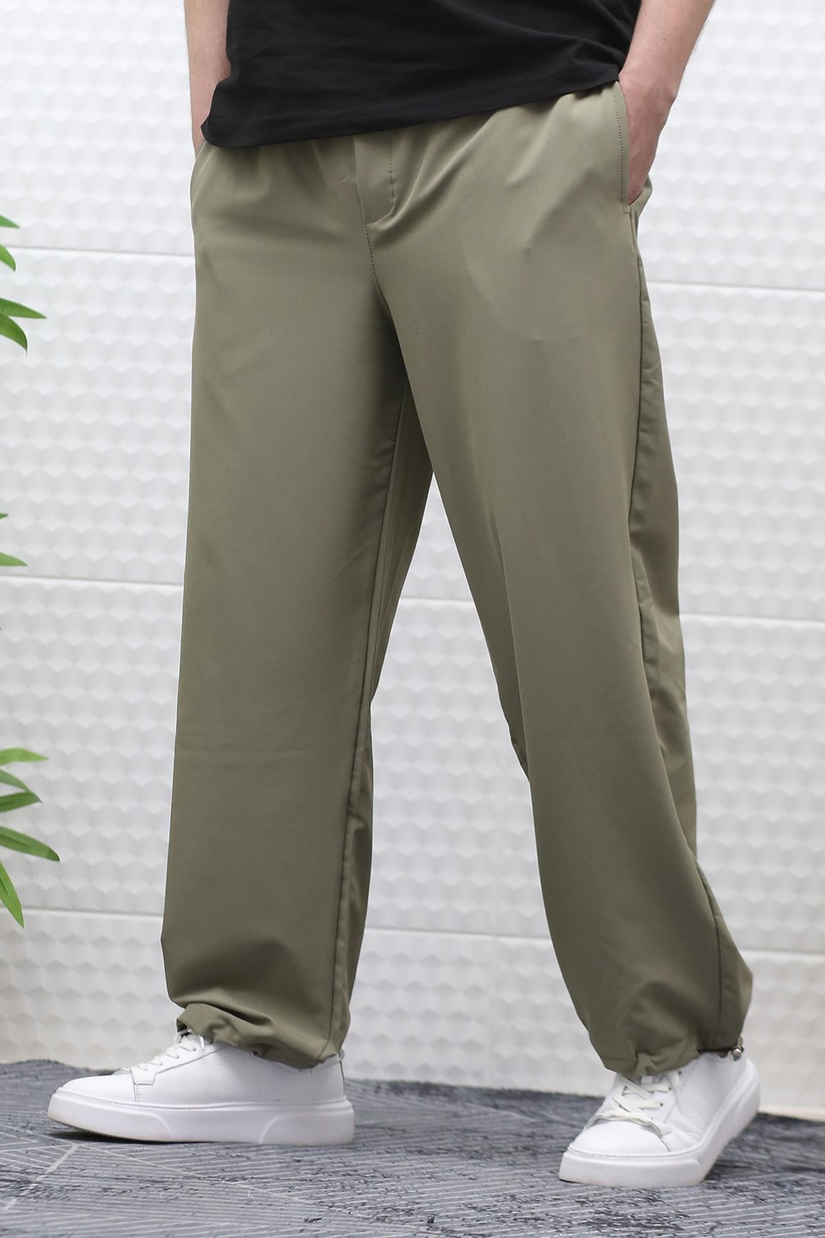 Erkek Baggy Pantolon Paça Ayarlanabilir Likralı Paraşüt Kumaş - Haki Yeşil