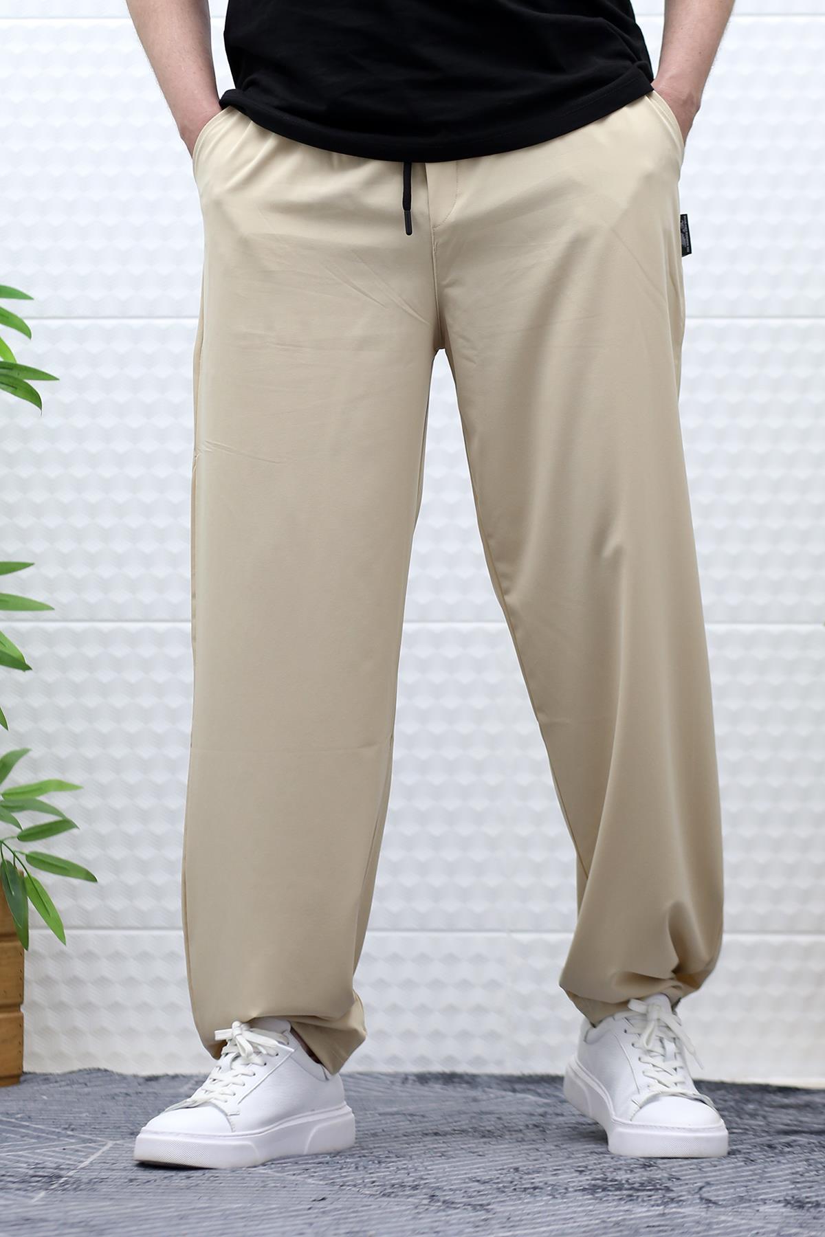 Erkek Baggy Pantolon Paçası Cırt Cırtlı Paraşüt Kumaş - Bej