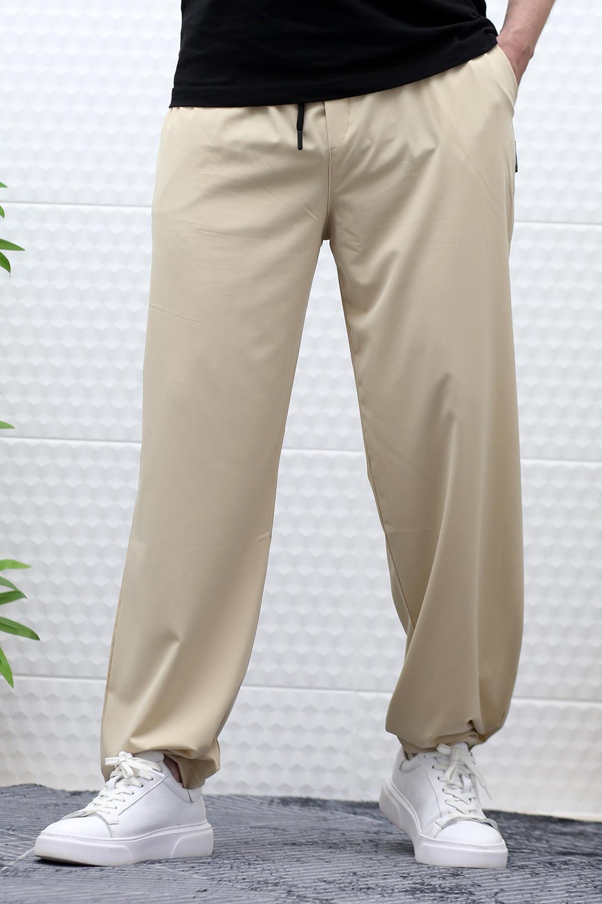 Erkek Baggy Pantolon Paçası Cırt Cırtlı Paraşüt Kumaş - Bej