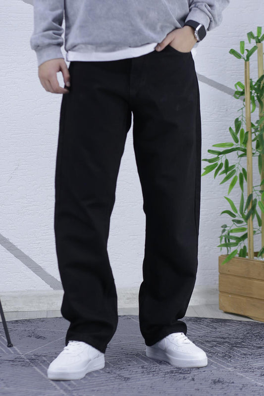 Erkek Baggy Bol Kesim Kot Pantolon - Siyah