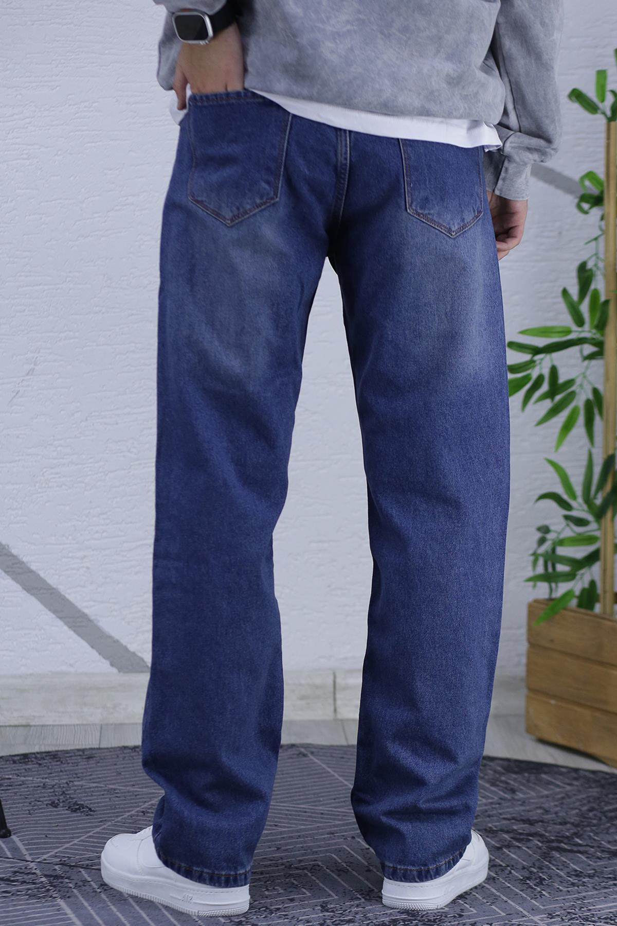 Erkek Baggy Bol Kesim Kot Pantolon - Lacivert