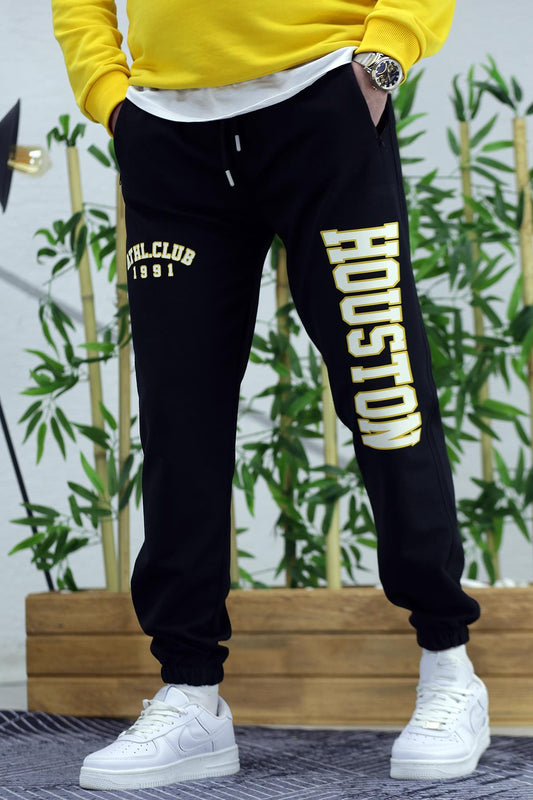 Erkek Houston Baskılı 2 İplik Mevsimlik Eşofman Altı - Siyah