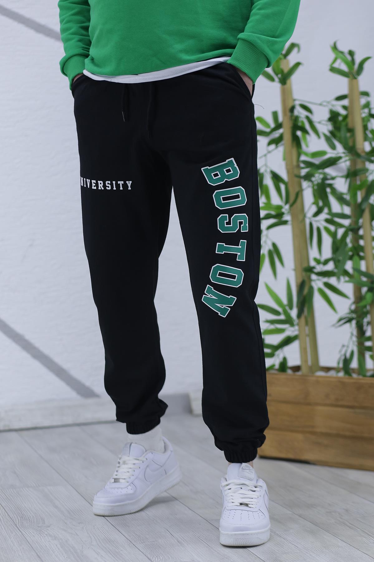 Boston Baskılı Erkek Yazlık İnce Eşofman Altı 07 - Siyah