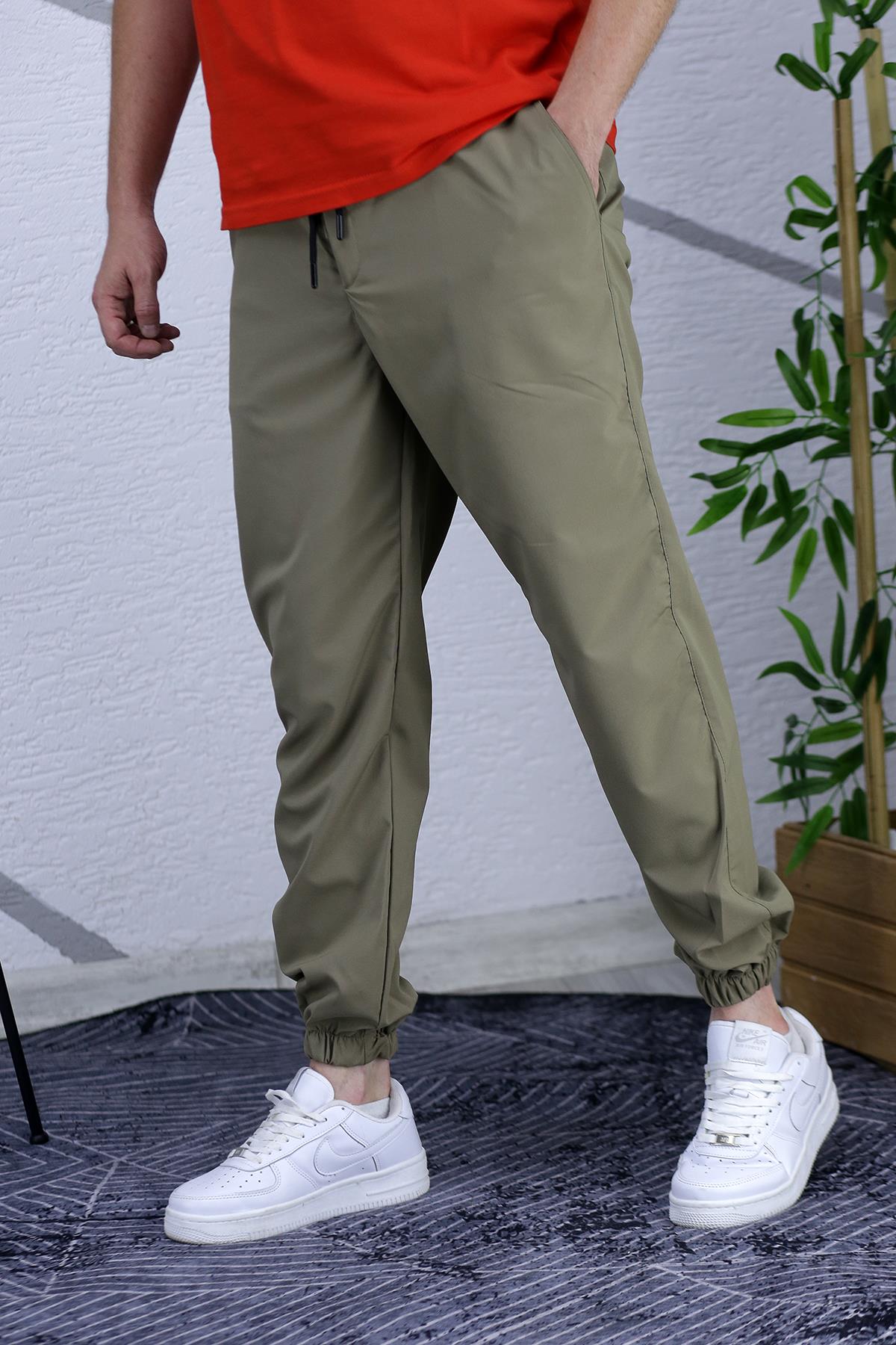 Erkek Beli Lastikli Fermuarlı Jogger Pantolon - Haki Yeşil