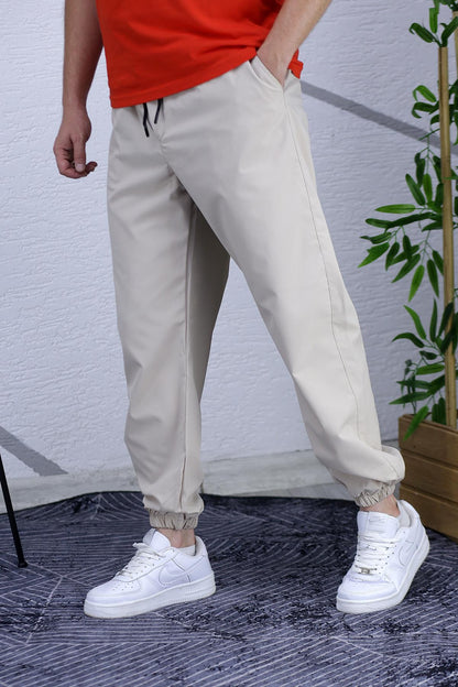 Erkek Beli Lastikli Fermuarlı Jogger Pantolon - Bej