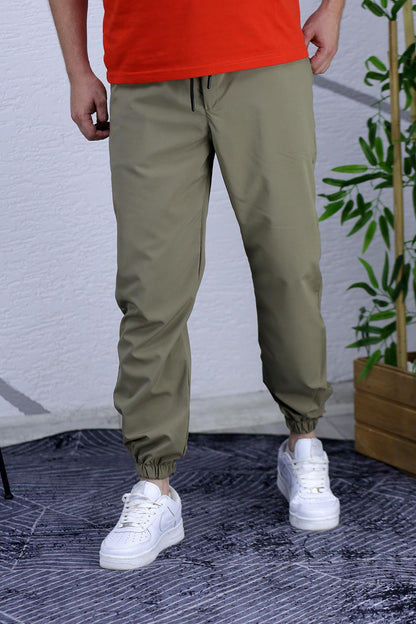 Erkek Beli Lastikli Fermuarlı Jogger Pantolon - Haki Yeşil