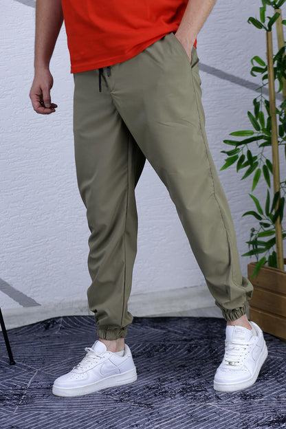 Erkek Beli Lastikli Fermuarlı Jogger Pantolon - Haki Yeşil