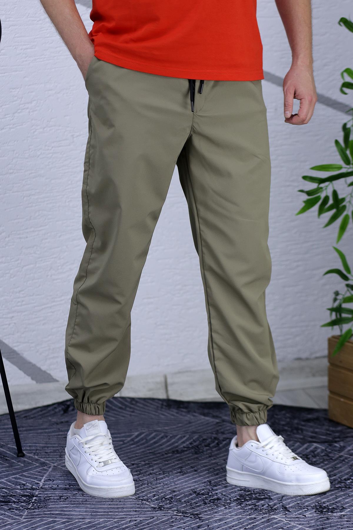 Erkek Beli Lastikli Fermuarlı Jogger Pantolon - Haki Yeşil