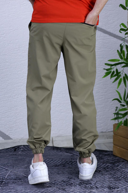 Erkek Beli Lastikli Fermuarlı Jogger Pantolon - Haki Yeşil
