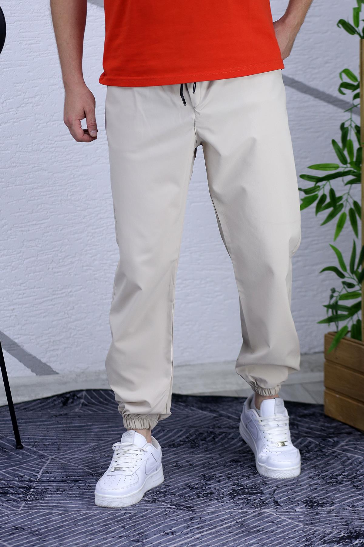 Erkek Beli Lastikli Fermuarlı Jogger Pantolon - Bej
