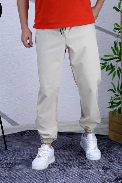 Erkek Beli Lastikli Fermuarlı Jogger Pantolon - Bej