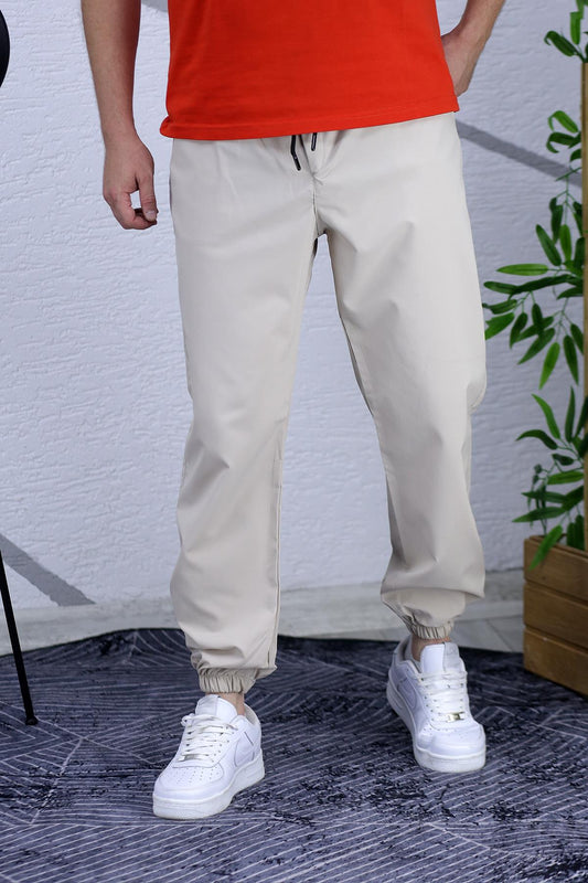 Erkek Beli Lastikli Fermuarlı Jogger Pantolon - Bej