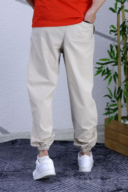 Erkek Beli Lastikli Fermuarlı Jogger Pantolon - Bej