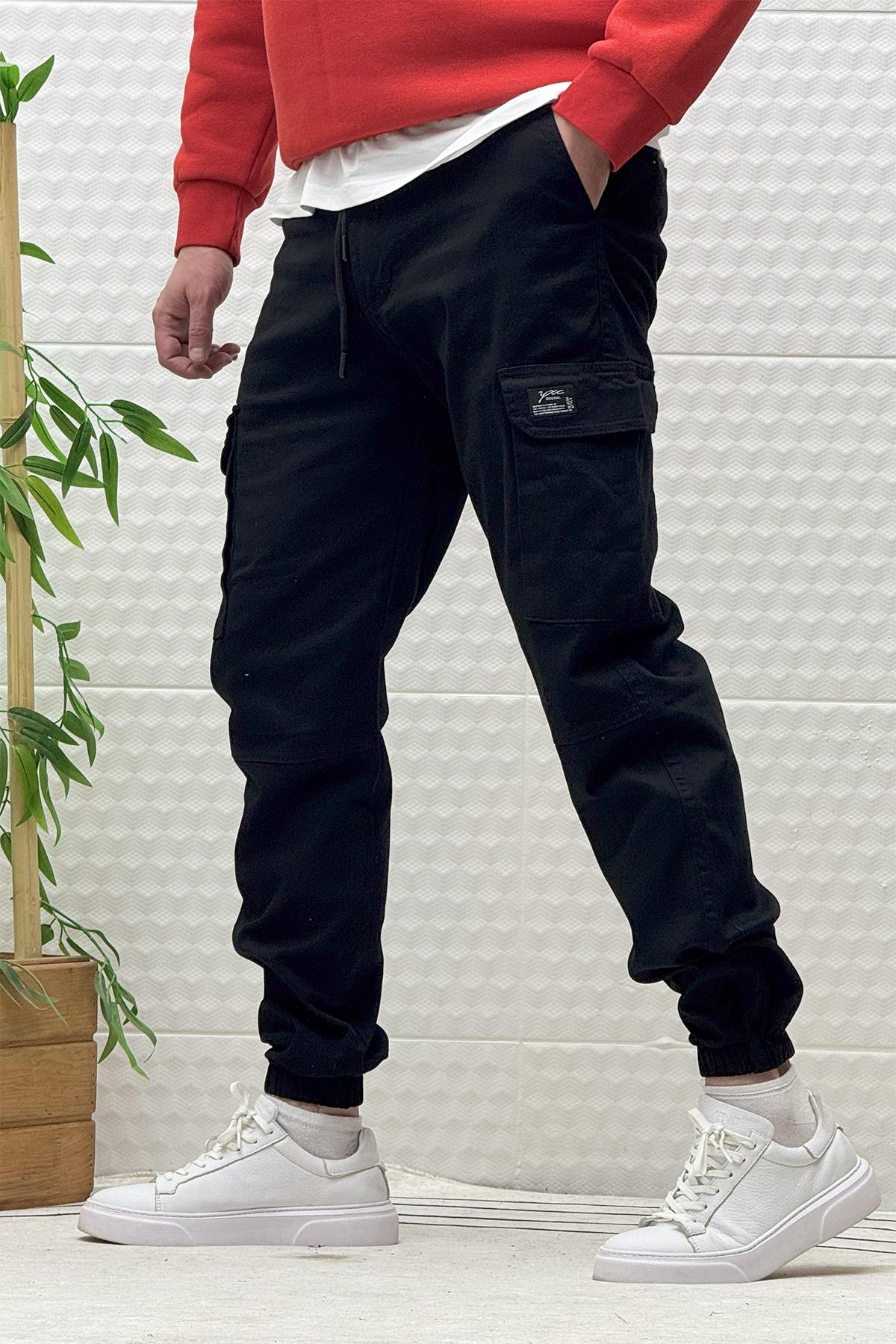 Erkek Beli Lastikli Likralı Kargo Cepli Gabardin Pantalon - Siyah