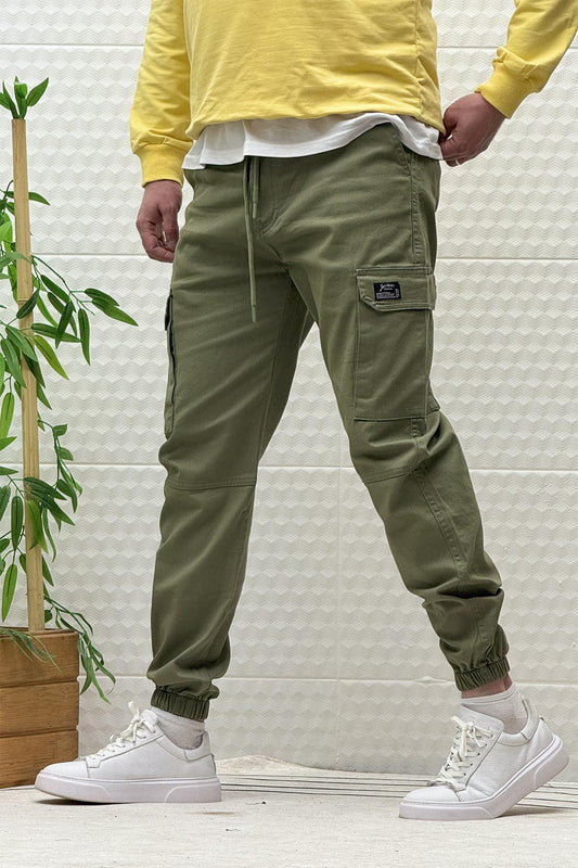 Erkek Beli Lastikli Likralı Kargo Cepli Gabardin Pantalon - Haki Yeşil