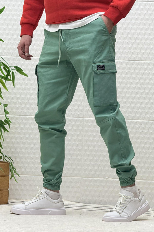 Erkek Beli Lastikli Likralı Kargo Cepli Gabardin Pantalon - Yeşil