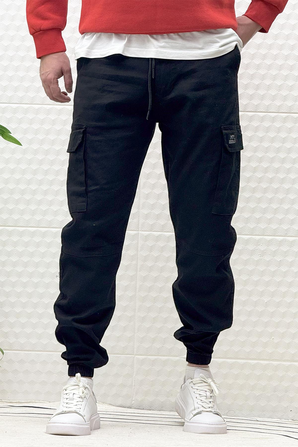 Erkek Beli Lastikli Likralı Kargo Cepli Gabardin Pantalon - Siyah