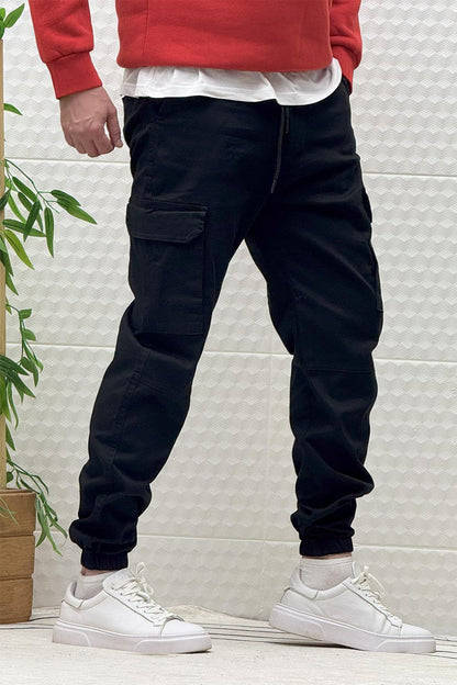 Erkek Beli Lastikli Likralı Kargo Cepli Gabardin Pantalon - Siyah
