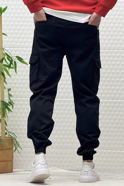 Erkek Beli Lastikli Likralı Kargo Cepli Gabardin Pantalon - Siyah