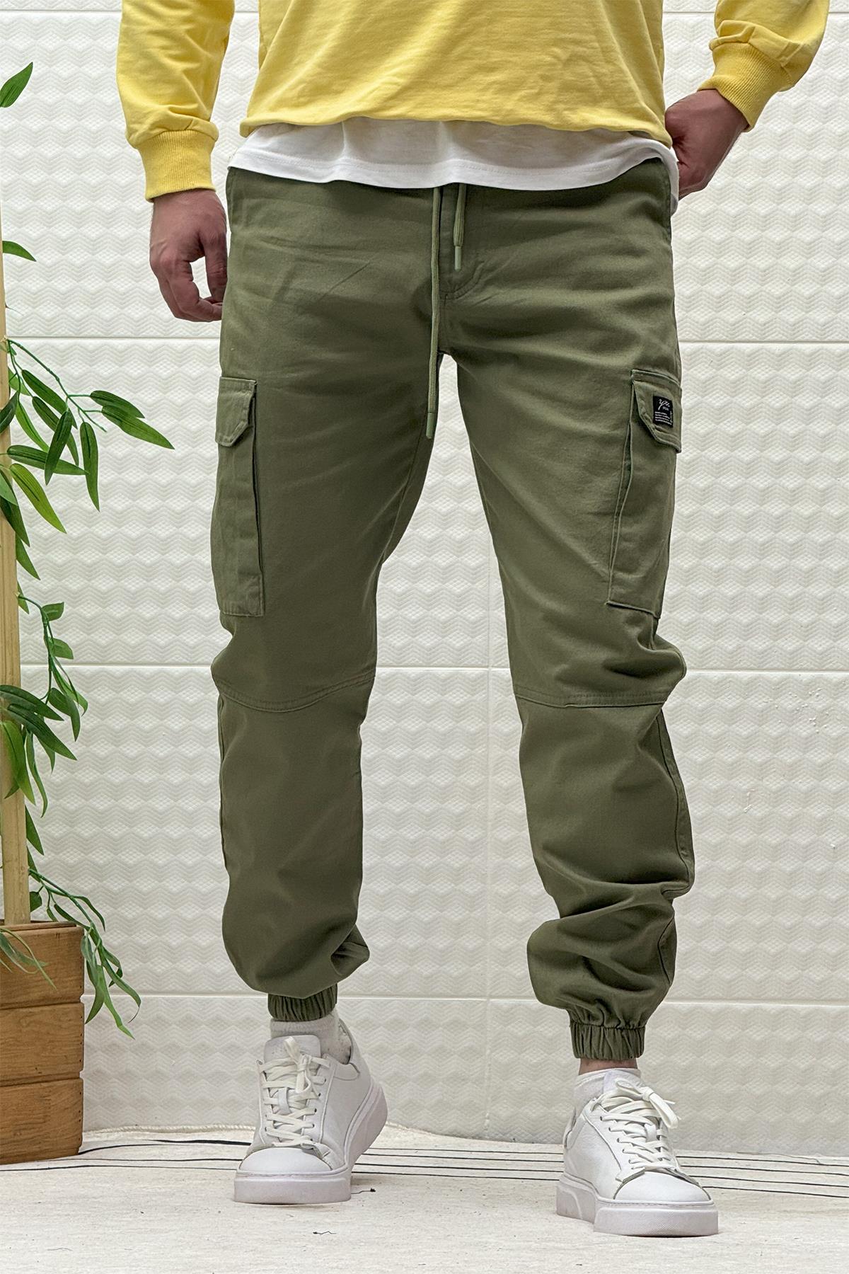 Erkek Beli Lastikli Likralı Kargo Cepli Gabardin Pantalon - Haki Yeşil