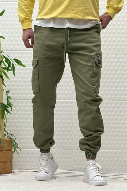 Erkek Beli Lastikli Likralı Kargo Cepli Gabardin Pantalon - Haki Yeşil