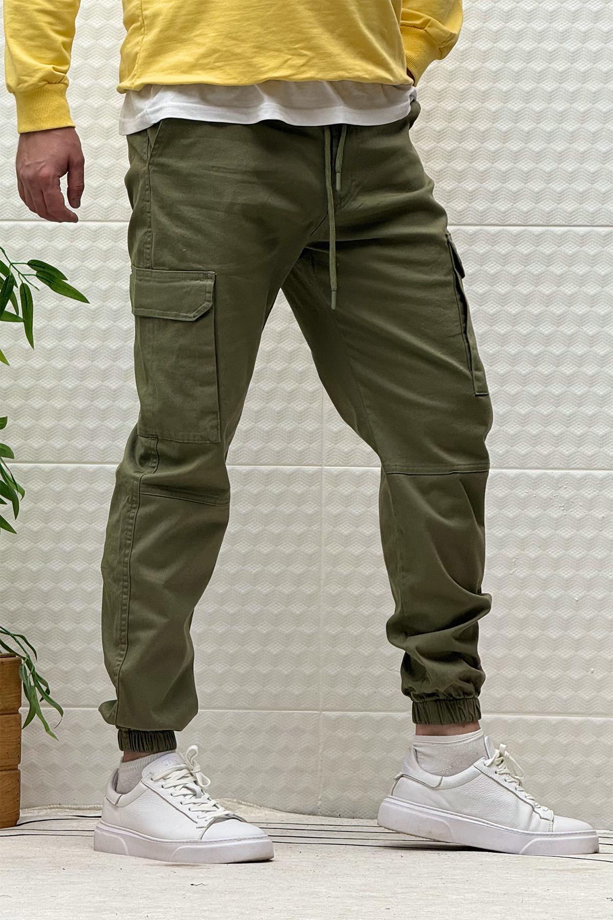 Erkek Beli Lastikli Likralı Kargo Cepli Gabardin Pantalon - Haki Yeşil