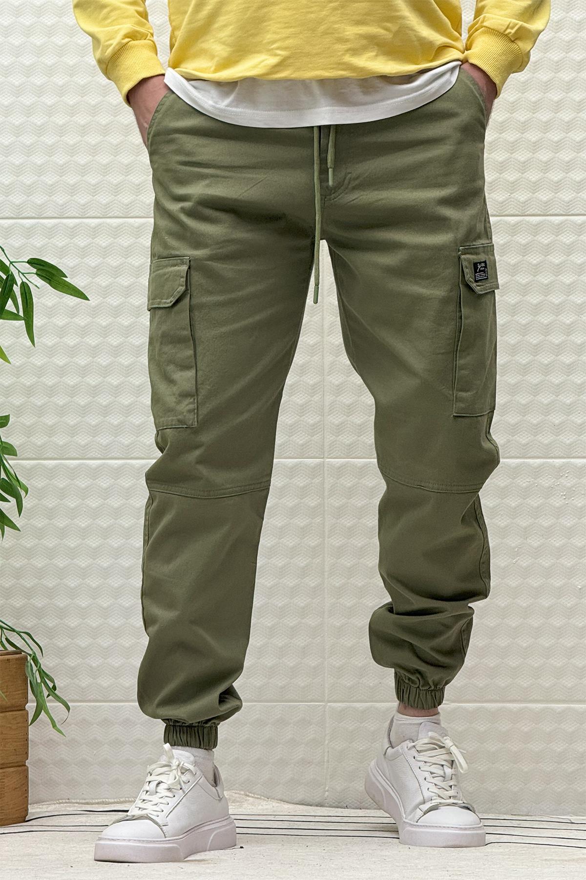Erkek Beli Lastikli Likralı Kargo Cepli Gabardin Pantalon - Haki Yeşil