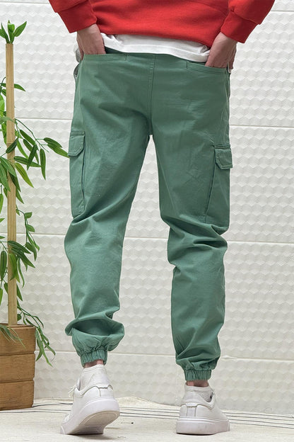 Erkek Beli Lastikli Likralı Kargo Cepli Gabardin Pantalon - Yeşil