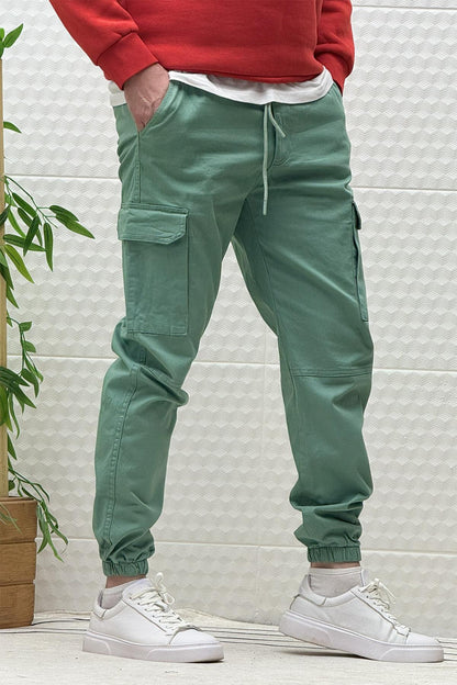 Erkek Beli Lastikli Likralı Kargo Cepli Gabardin Pantalon - Yeşil
