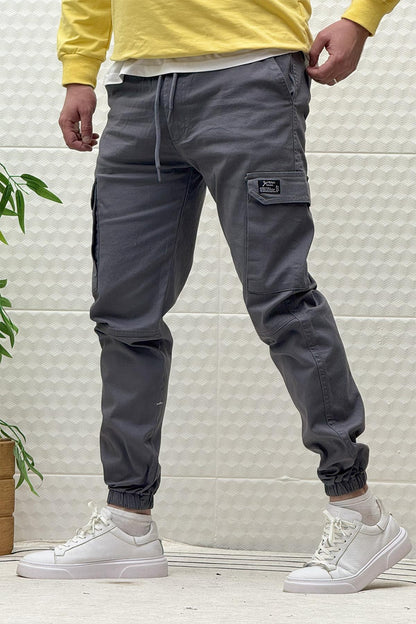 Erkek Beli Lastikli Likralı Kargo Cepli Gabardin Pantalon - Füme