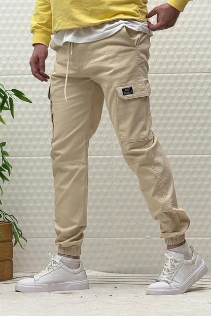 Erkek Beli Lastikli Likralı Kargo Cepli Gabardin Pantalon - Bej