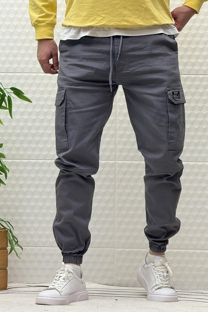 Erkek Beli Lastikli Likralı Kargo Cepli Gabardin Pantalon - Füme