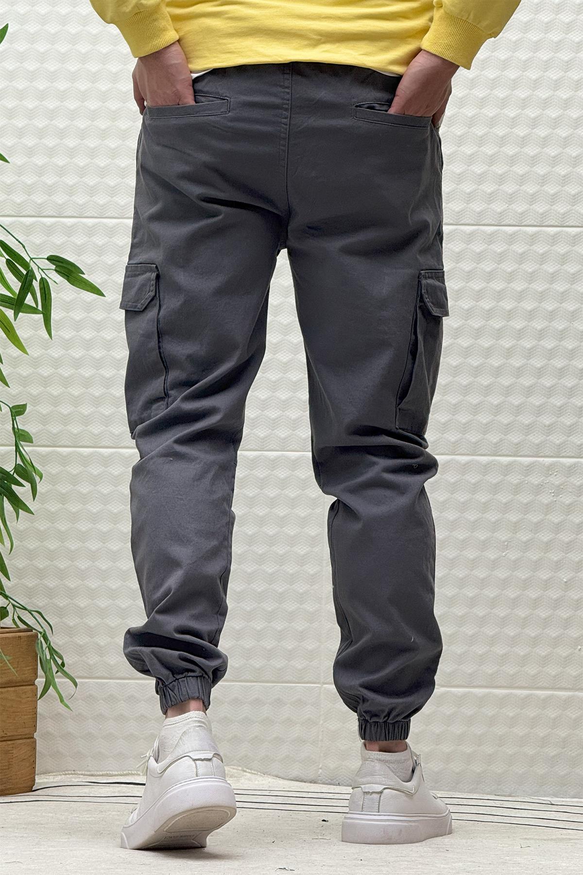 Erkek Beli Lastikli Likralı Kargo Cepli Gabardin Pantalon - Füme