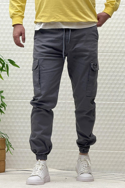 Erkek Beli Lastikli Likralı Kargo Cepli Gabardin Pantalon - Füme