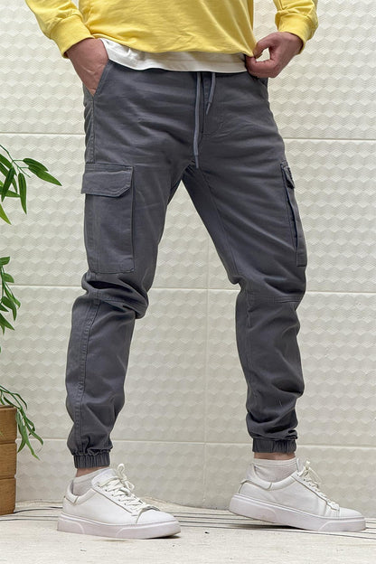 Erkek Beli Lastikli Likralı Kargo Cepli Gabardin Pantalon - Füme