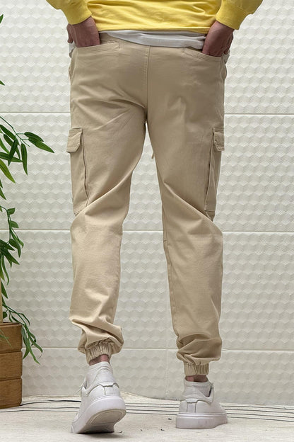 Erkek Beli Lastikli Likralı Kargo Cepli Gabardin Pantalon - Bej