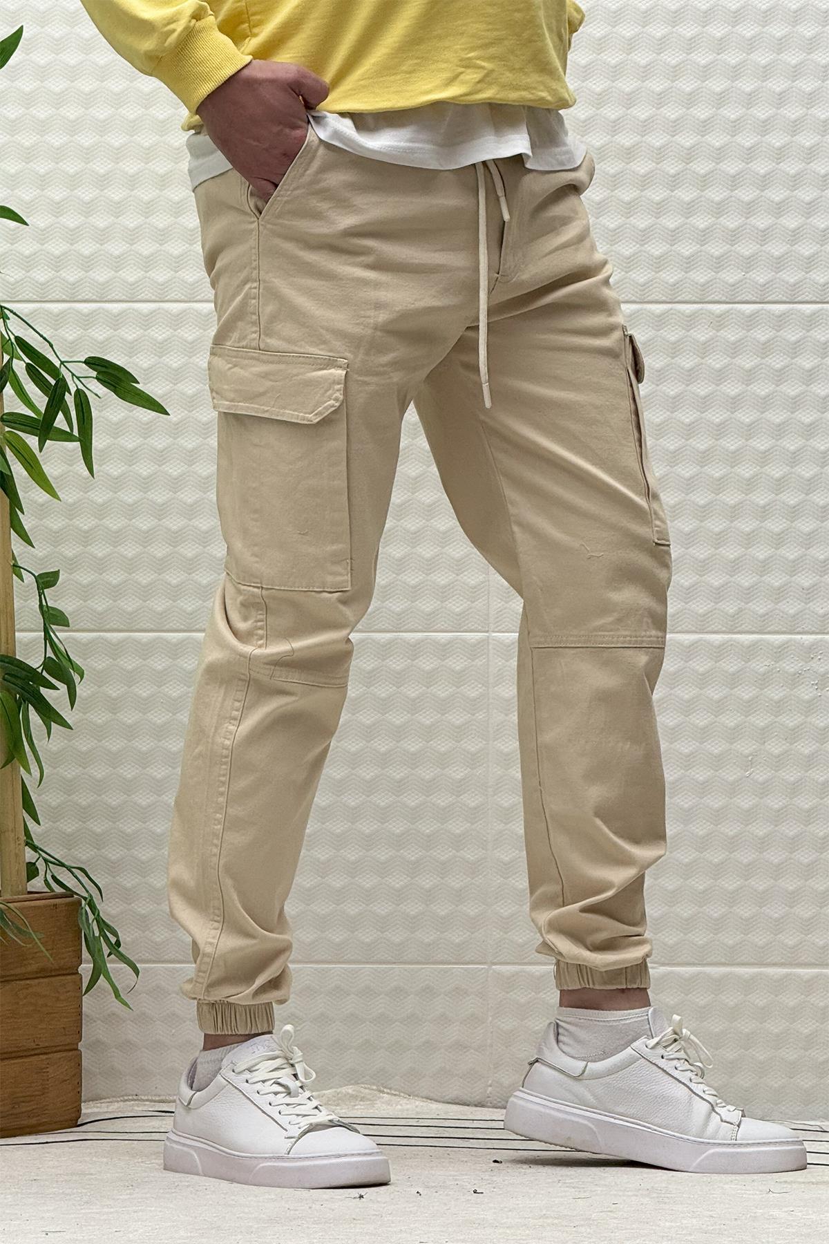 Erkek Beli Lastikli Likralı Kargo Cepli Gabardin Pantalon - Bej