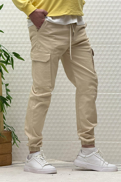 Erkek Beli Lastikli Likralı Kargo Cepli Gabardin Pantalon - Bej