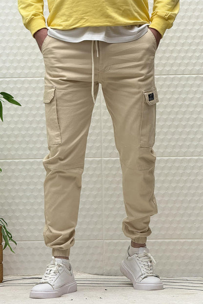 Erkek Beli Lastikli Likralı Kargo Cepli Gabardin Pantalon - Bej