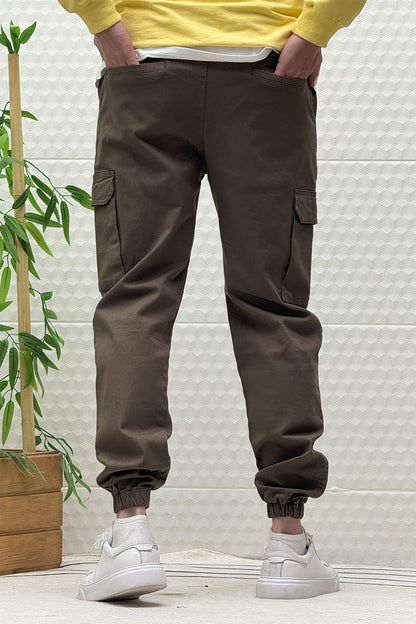 Erkek Beli Lastikli Likralı Kargo Cepli Gabardin Pantalon - Koyu Kahve