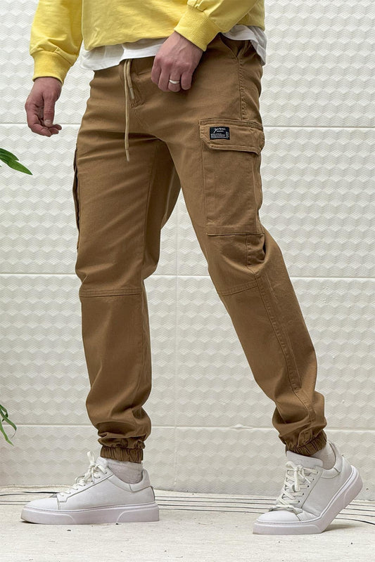 Erkek Beli Lastikli Likralı Kargo Cepli Gabardin Pantalon - Camel