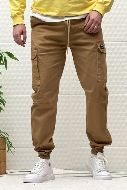 Erkek Beli Lastikli Likralı Kargo Cepli Gabardin Pantalon - Camel