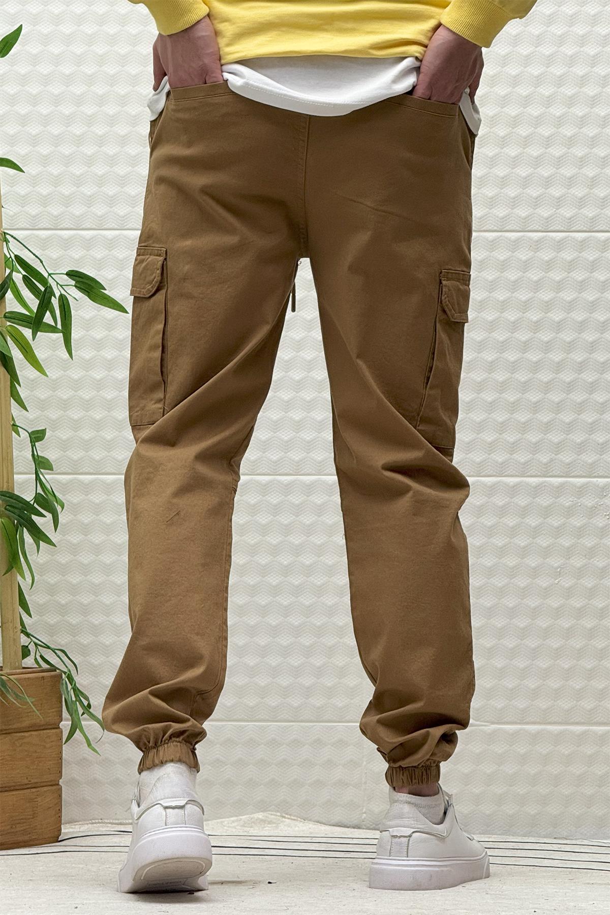 Erkek Beli Lastikli Likralı Kargo Cepli Gabardin Pantalon - Camel