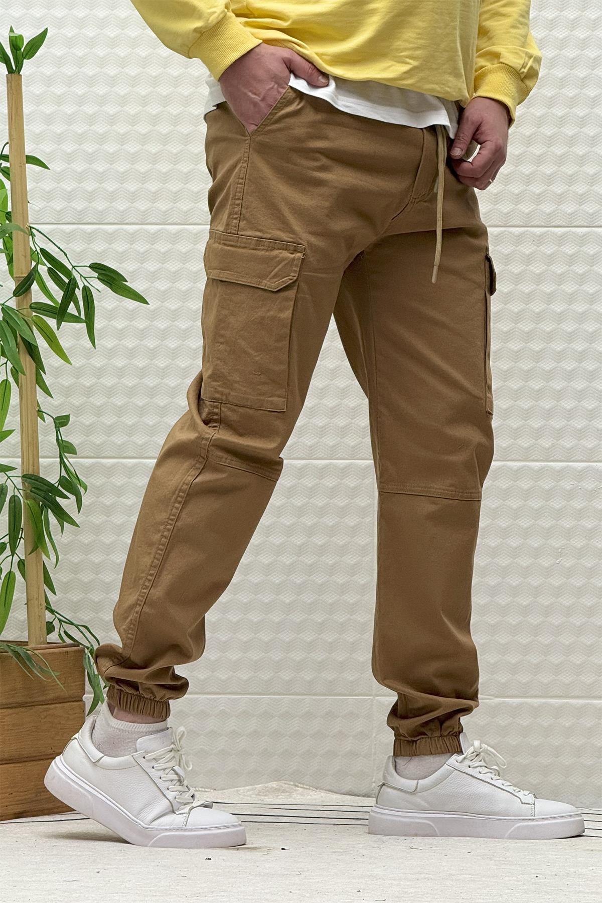 Erkek Beli Lastikli Likralı Kargo Cepli Gabardin Pantalon - Camel