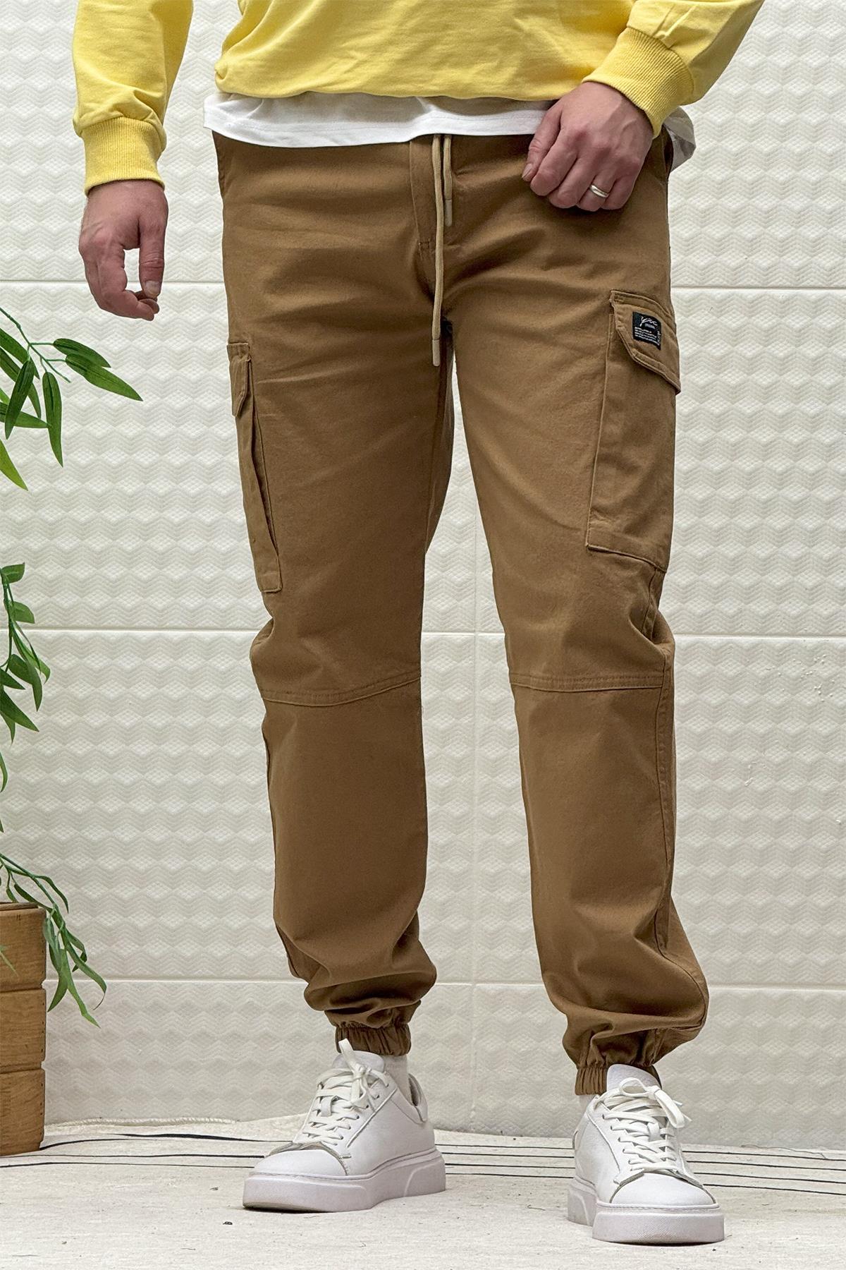Erkek Beli Lastikli Likralı Kargo Cepli Gabardin Pantalon - Camel