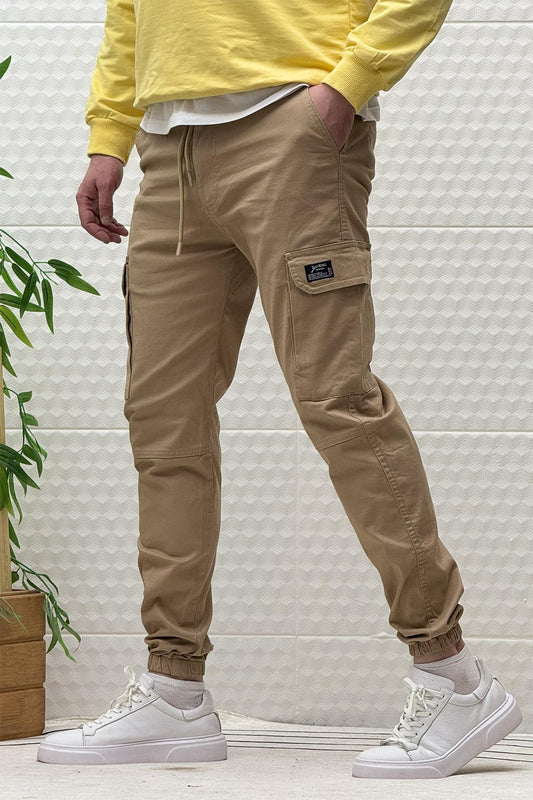 Erkek Beli Lastikli Likralı Kargo Cepli Gabardin Pantalon - Açık Kahve